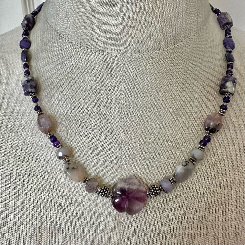 Artisan Purple Gemstone Necklace w/ Carved Fluorite Flower